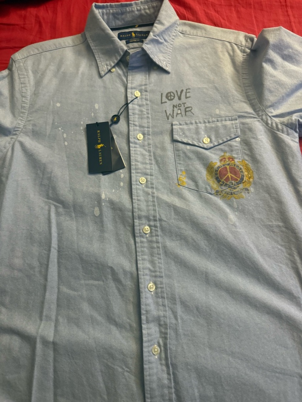 Ralph Lauren Light Blue 'Love Not War' Button-Down Shirt with Crest